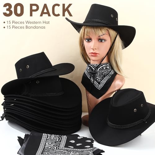 Image of Coume 15 Set Western Cowboy Hat Costume Accessories Paisley Bandanna Cowgirl Hats Bulk for Adult Women Men Dress Party