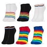 kikiya socks Women Cute Ankle | 6 Pairs Rainbow Color Striped Pattern Mid Cut Cute Design Black Blue Red White Pride Colorful Print Daily Cotton Socks | Womens Ladies Girls Gift | Rainbow Ankle