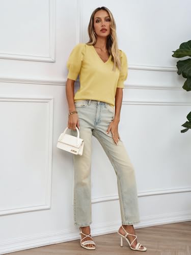 Image of Womens Puff Short Sleeve Sweater Tops 2026 Spring Summer Trendy Casual T Shirts Blouses