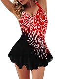Shownicer Tankini Damen Bauchweg Bademode Set Swimsuit Zweiteiliger Bademode mit Hot Pants Bikini Set Strand Schwimmanzug Badeanzüge A Rot XL