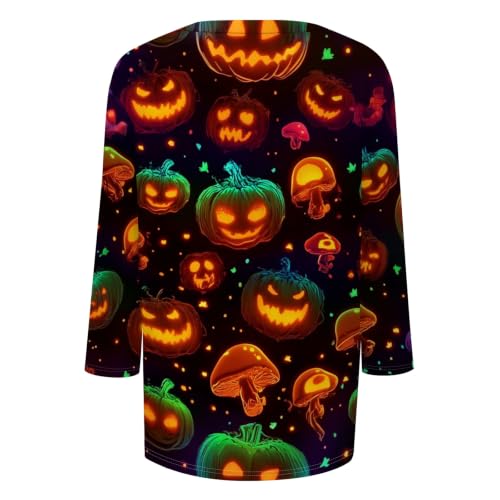 Image of Women Spooky Halloween Graphic Shirt 3 /4 Length Sleeve Crewneck Top | Halloween Funny Printed Pumpkin Plus Size Tshirts 2026 Fall Outfits Skeleton Tee Going Out Tops
