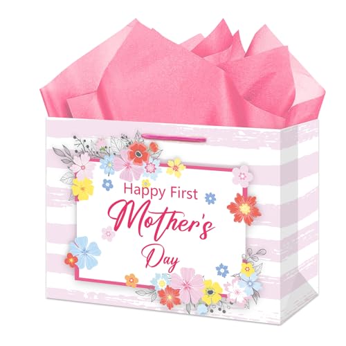 JUESMOS First Mothers Day Gift Bag with Tissue Paper 13" Large Horizontal Happy 1st Mothers Day Paper Bag with Handle Mothers Gifts for New Mom First Time Mom Expecting Mom from Daughter Son