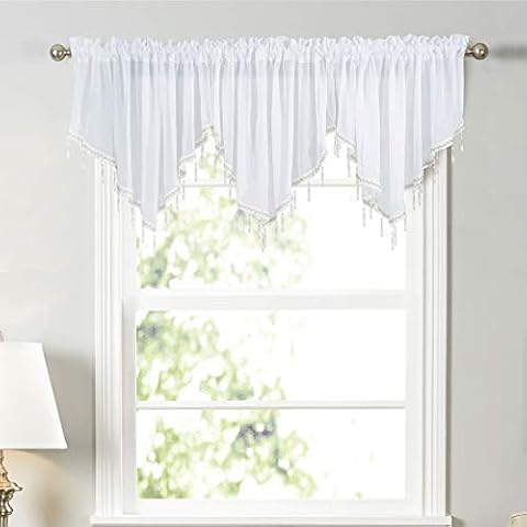 JAIJY Sheer Beaded Ascot Semi Voile Solid Vintage Valances Rod Pocket Curtains Drapes Windows Treatment Curtain for Small Window Garden Bedroom Kitchen Cafe Farmhouse, 3 Panels, White Cover