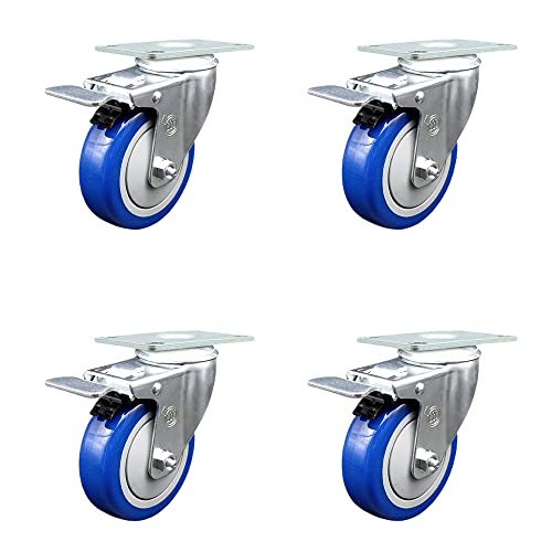 Polyurethane Swivel Top Plate Caster Set of 4 with 4 Inch Blue Wheels - Includes 4 Swivel with Total Lock Brakes - 1400 lbs. Total Capacity - Service Caster Brand