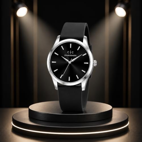 Image of CHARLIEKEEN Analog Watch with Black Dial and Silicone Strap | Minimalist Dial, Gift Box Included, Index Hour Markers, Analogue Display, Unisex Design