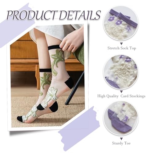 Womens Sheer Socks,Summer Vintage Floral Mesh Socks,Lace Elastic Cottagecore Glass Silk Sock2