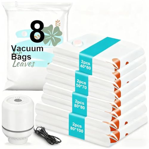 YGVQN Bolsas Vacio Ropa con Bomba de Aire Eléctrica, 8 Piezas de Vacío Aspiradorabolsas (2XL+2L+2M+2S) Bolsas de Almacenaje al Vacio Reutilizable para Guardar Ropa, Edredones, Almohadas, Mantas