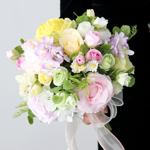 Ramos de boda de flores artificiales en tonos morados y rosas para novia y damas 8