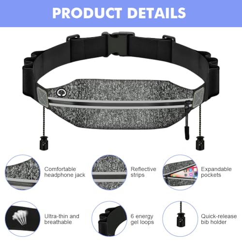 Vicloon Laufgürtel für Handy, Schwarze Leichte Lauftasche,Triathlon Startnummernband Laufgurt, Laufgürtel mit Kopfhöreranschluss und Nummernhalter&6 Gel-Halter für Joggen Marathon,Grau