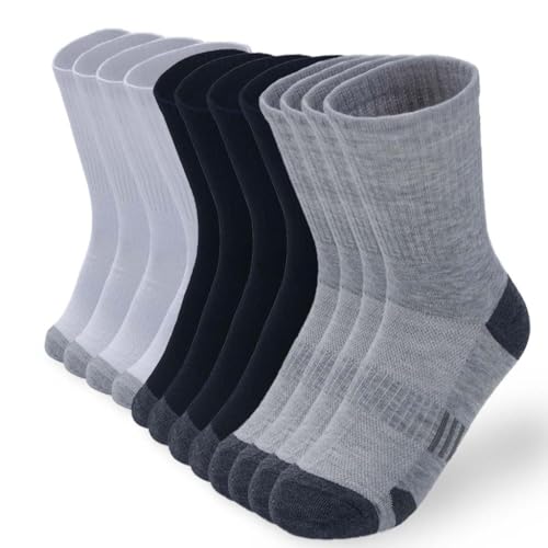 Mens Athletic Cushioned Crew Socks Multipack - Breathable Cotton Blend for Sports & Daily(One Size 8-14), Black/White/Grey, 8-14