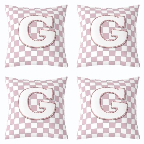 Image of Erosebridal Pink Initial G Throw Pillow Covers 20x20 Set of 2 Kawaii Plaid Checkered Cushion Cover Cute Personalized Monogram Throw Pillow Case for Bed Couch Sofa Fashion Grids Gingham Home Decor