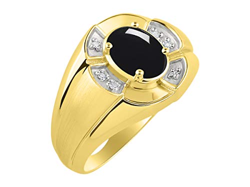 Image of Rylos Yellow Gold Plated Silver Men's & or Ladies Ring with 8X6MM Oval Gemstone & Diamonds - Unisex Color Stone Birthstone Ring Sizes 7-13