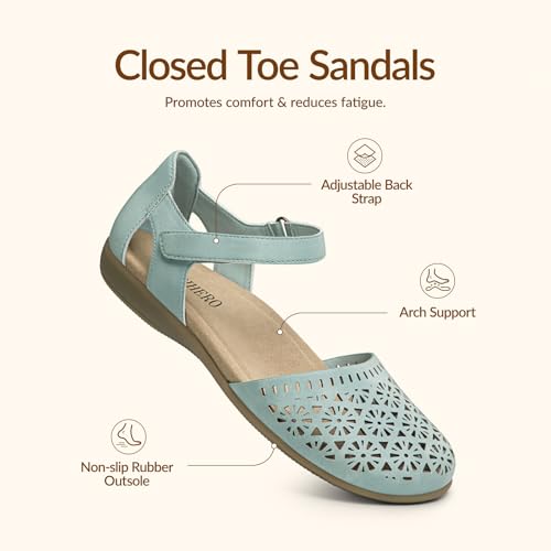 Rihero Closed Toe Sandals Women Orthopedic Memory Foam Sandals with Arch Support Dressy Hollow Out Summer Flat Shoes for Walking Office Light Blue Hollow Size 6.5 — view 5