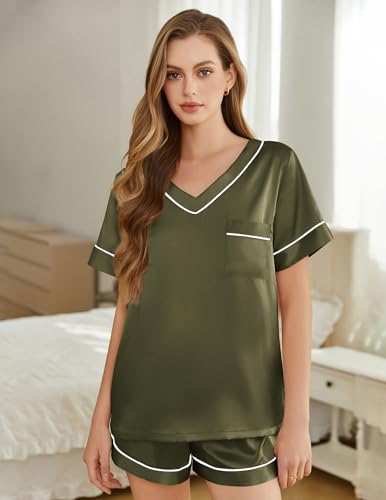 Image of Silk Pajamas for Women Short Sleeve Satin 2 Piece Pj Set Soft V Neck Sleepwear Loungewear, S-XXL