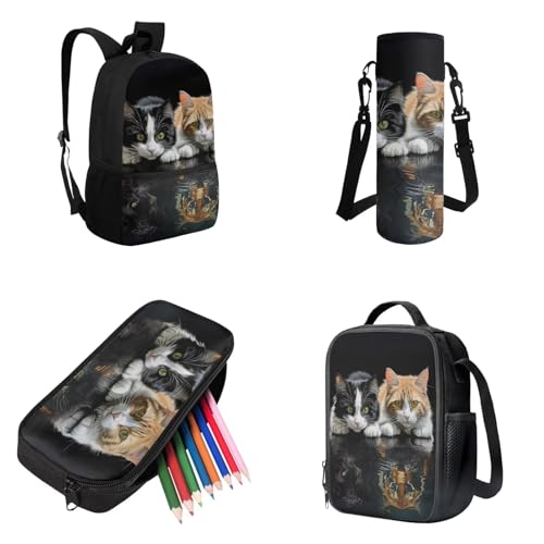 Cats Kids Backpack School Bookbag Set of 4 Pieces Lunch Bag Pencil Bag Bottle Holder Pouch Suitable for Sport Travel Camping2
