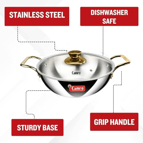Image of Camro Triply Artisian Kadhai with Glass Lid 5.8 litres| Stainless Steel Kadai for Deep Frying | Kahai for Cooking Induction Base | Cookware Golden Handle Kadai | Gas Stovetop Compatible
