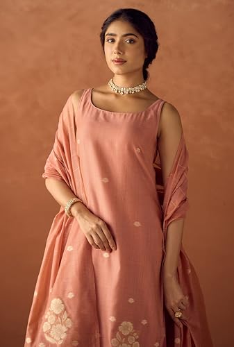 Image of FIORRA Women Peach Cotton Jacquard Woven Kurta Set with Dupatta