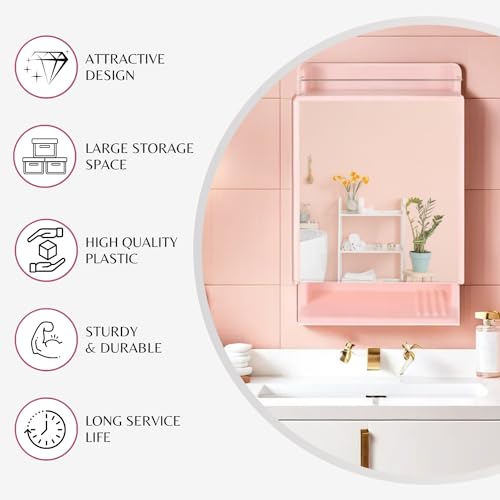 Image of BRANCO Bathroom Cabinet with Mirror | Storage Organiser | Strong Plastic Bathroom Shelves Wall Mounted | Mirror Cabinet (Pink)
