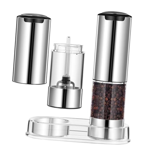 CHICAMPERA 2 Pièces Set de Moulins Électriques à Poivre et Sel avec Base Broyeur Automatique Acier Inoxydable Variable Mouture pour Épices de Cuisine Transparent et Facile à Utiliser