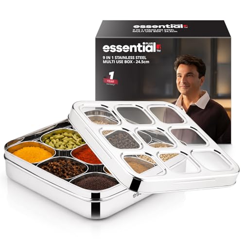 Image of Essential Plus Stainless Steel Multi Use Box, 24cm (150ml), See Through Lid, 9 in 1 Masala Dabba / Spice Box for Kitchen, Square Shape Spice Organizer / Masala Dani with 9 Containers, Easy to Clean