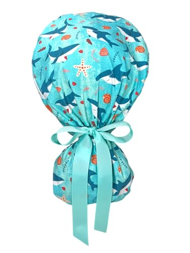 Image of Scrub Cap for Women and Men, Ponytail Scrub Caps, Working Hat, Head Cover with Ribbon Ties and Buttons, Long Hair
