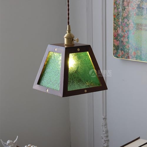 Lámpara de techo de madera rústica verde cuadrada antigua para mesa de comedor y bar 4