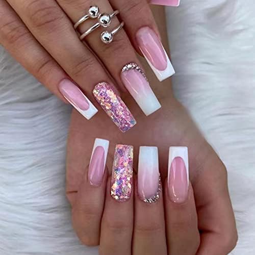 JUSTOTRY 24 Pcs Fake Nails Long,Black French Press on Nails Patterns, Snake Medium Ballerina Stick on Nails Jewels for Women, Acrylic Coffin False Nails with Glue for Nail Art