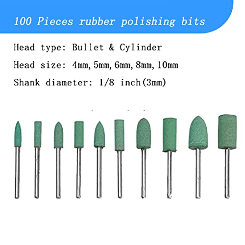 Luo ke 100 Pcs 𝐑𝐮𝐛𝐛𝐞𝐫 𝐏𝐨𝐥𝐢𝐬𝐡𝐢𝐧𝐠 Bits - 1/8 Inch Shank Silicone Rubber Buffing Polishing Kits for Dremel Rotary Tool