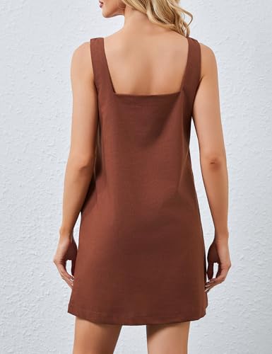 Image of Womens Summer Sleeveless Dresses Cotton Linen Mini Sundress Casual Square Neck Backless Solid Tank Shift Dress