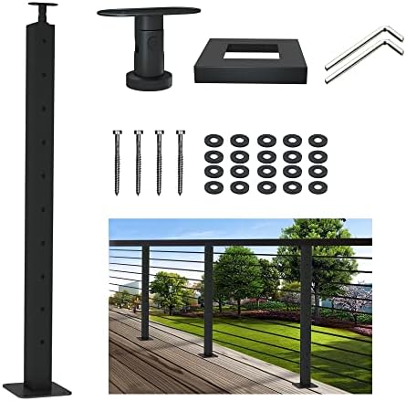 LANGLIER 1 PC Cable Railing Post 39"x2"x2" Stainless Steel Black Finish, for Stairs and Deck handrails，can be Installed on Wood or Concrete Floor. BSS03 (Black, Corner Post)