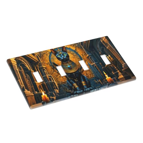 Decorative Switch Covers Plate Egyptian Black Cat Vintage Gold Decorated 4 Gang Wall Plate Oversized Quad Toggle Light Switch Plate Jumbo Faceplate for Bedroom Home Decor