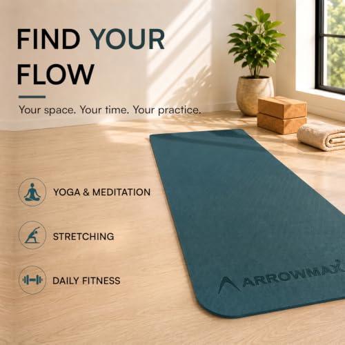 Image of Arrowmax 4mm Yoga Mat with Carry Cover for Men & Women, Anti-Skid Exercise Mat for Yoga, Pilates, Meditation, Stretching & Home Workout, Lightweight Portable Fitness Mat (GREEN)