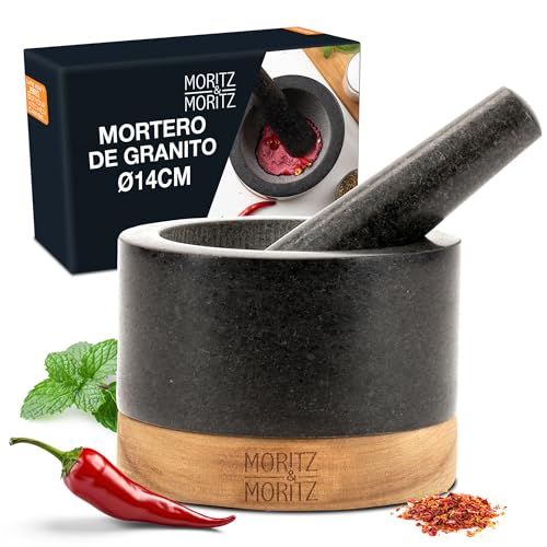 Moritz & Moritz Mortero con mortero de granito - 14cm de diámetro – Mortero Granito - Base de madera noble