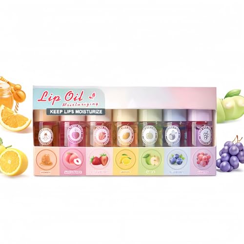7PCS Hydrating Lip Oil Set Mini Lip Oil Set Lip Oils Set Magic Colour Changing Long Lasting Lipgloss Glossy Lips Make Up Lip Plumper for Women Multi-Purpose Lip Care Gift for Girls Fruity Flavored