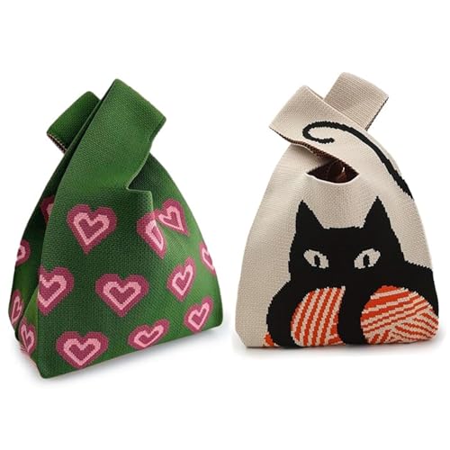 Zytiqt 2 Pieces Crochet Bags for Women, Wristlet Handbag Sleeve Knot Pouch Portable nitted Breathable lightweight Foldable Casual Small Purse Cute Tote Bag For Shopping (Green and Beige)