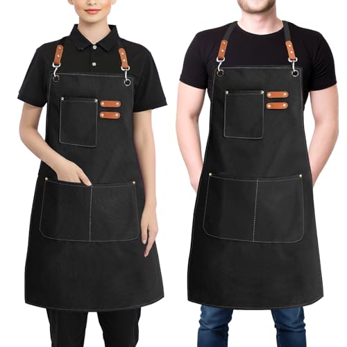 BOCHION Aprons for Men Women, Adjustable Bib Chef Apron with 3 Pockets and Cross-Back Long Ties, Cotton Canvas Black Apron for Home, Kitchen, Restaurant, Cooking, Baking, BBQ, Painting, Gardening