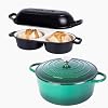 Nuovva Cast Iron Enamelled Casserole Dish & Double Bread Loaf Pan Bundle Dutch Oven Cookware with Lids for Baking, Roasting & Everyday Cooking