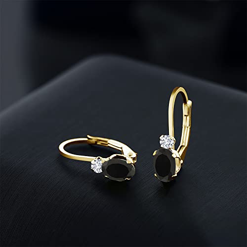 Gem Stone King 14K Yellow Gold Black Onyx and White Diamond Leverback Earrings For Women | 0.85 Cttw | Gemstone December Birthstone | Oval 6X4MM, Round 2MM | 3/4 Inch3