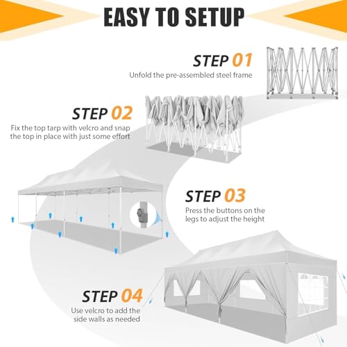 Image of HOTEEL 10x30 Heavy Duty Pop Up Canopy Tent with Sidewalls, Tents for Parties Commercial Party Tent Event Wedding Instant Canopy Waterproof with Carry Bag, UV 50+, Thicked Hexagonal Legs, White