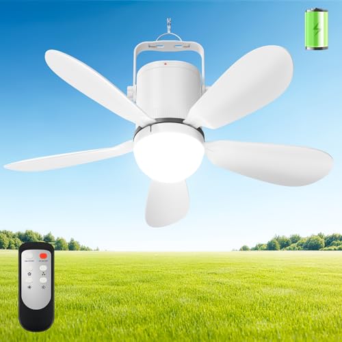Micosong 21” Ceiling Fan Light, Portable Battery Operated Gazebo Fan with Remote Control & Fast Charging Cable, Rechargeable Wireless Camping Fan Outside, for Outside Tent Porch Canopy Pergola RV