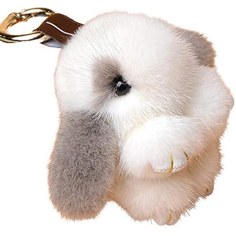 Unpafcxddyig Mink Fur Pom Pom Keychain Fluffy Real Rex Bunny Keychain Soft Cute,white gray Cover
