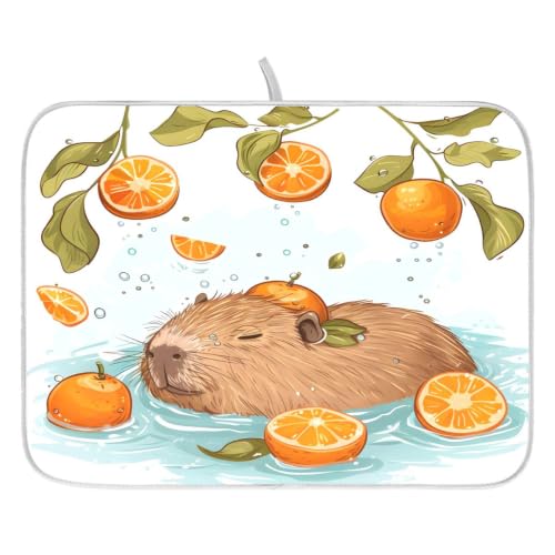 Cute Capybara Swimming Dish Drying Mat for Kitchen Counter Absorbent Microfiber Drying Pad Dish Mat,24" X 18"