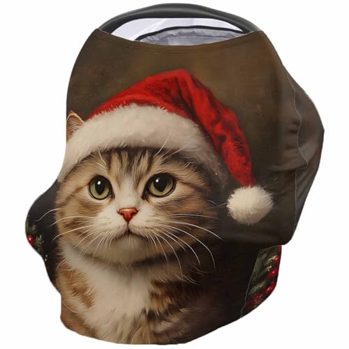 Nursing Cover for Breastfeeding Scarf, Cat Christmas Plants Berries Painting Baby Car Covers Super Soft Multi Use for Canopy Shopping Cart Cover Blanket Stroller Cover