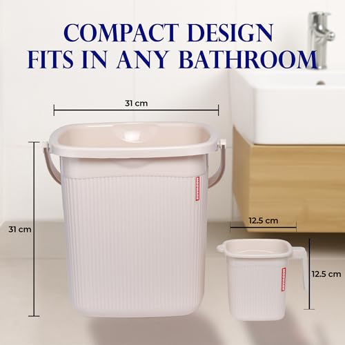 Image of Modware Square Ribbon Plastic Bucket Set with Mug | 18L Brown Bathroom Bucket with Handle + 1L Mug | Heavy-Duty Polypropylene + Co-Polymer | Stylish & Durable Bath Set (Cream)