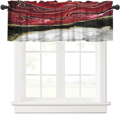 Image of Black White Burgundy Marble Window Valance Curtain, Abstract Modern Ink Texture Maroon Gold Veins Unique Ombre Window Valances Treatments for Kitchen Living Room Cafe Decor 54'x18', 1 Panel