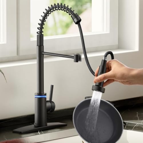 Smart Touch On Kitchen Faucet, 3 Modes Pull Down Sprayer, Touch On Sensor Activated, LED Temperature Control, 360-Degree Rotation, 1 or 3 Hole Deck Plate. 10-Year Warranty. (KW-66R, Matt Black)
