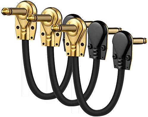 Jhua 6 Inch Guitar Patch Cables, Right Angle 1/4 Instrument Cable Ultra Quiet Effect Pedals Cords Low Profile R/A Gold Pancake TS Plugs 3 Packs - Black