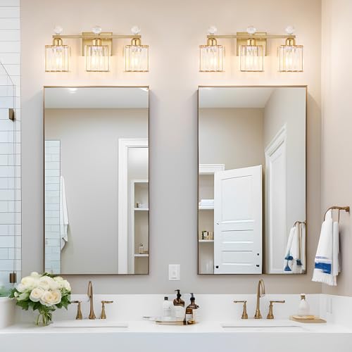 Image of Lxybcce Bathroom Vanity Light Fixture 3-Light - Vanity Lights for Bathroom with Crystal Shade Gold Metal, Easy Install No Drilling Needed, Shadow-Free Illumination for Modern Bathroom Mirror Decor