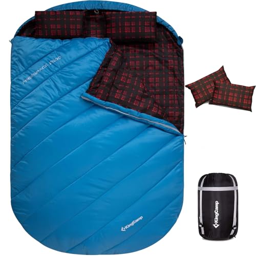 KingCamp Double Sleeping Bag for Adults, Queen Size 2 Person XXL Flannel Sleeping Bag, Waterproof Lightweight Flannel Quilt with 2 Pillows, Perfect for Couples Family Camping Hiking