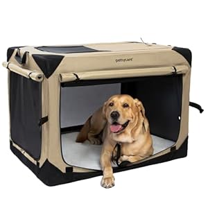 Pettycare 36 Inch Collapsible Dog Crate with Curtains Travel Dog Crate for Airflow and Calm Soft Pet Kennel with Portable Bag and More Chew Proof Mesh Indoor & Outdoor Beige 4 Door Curtains